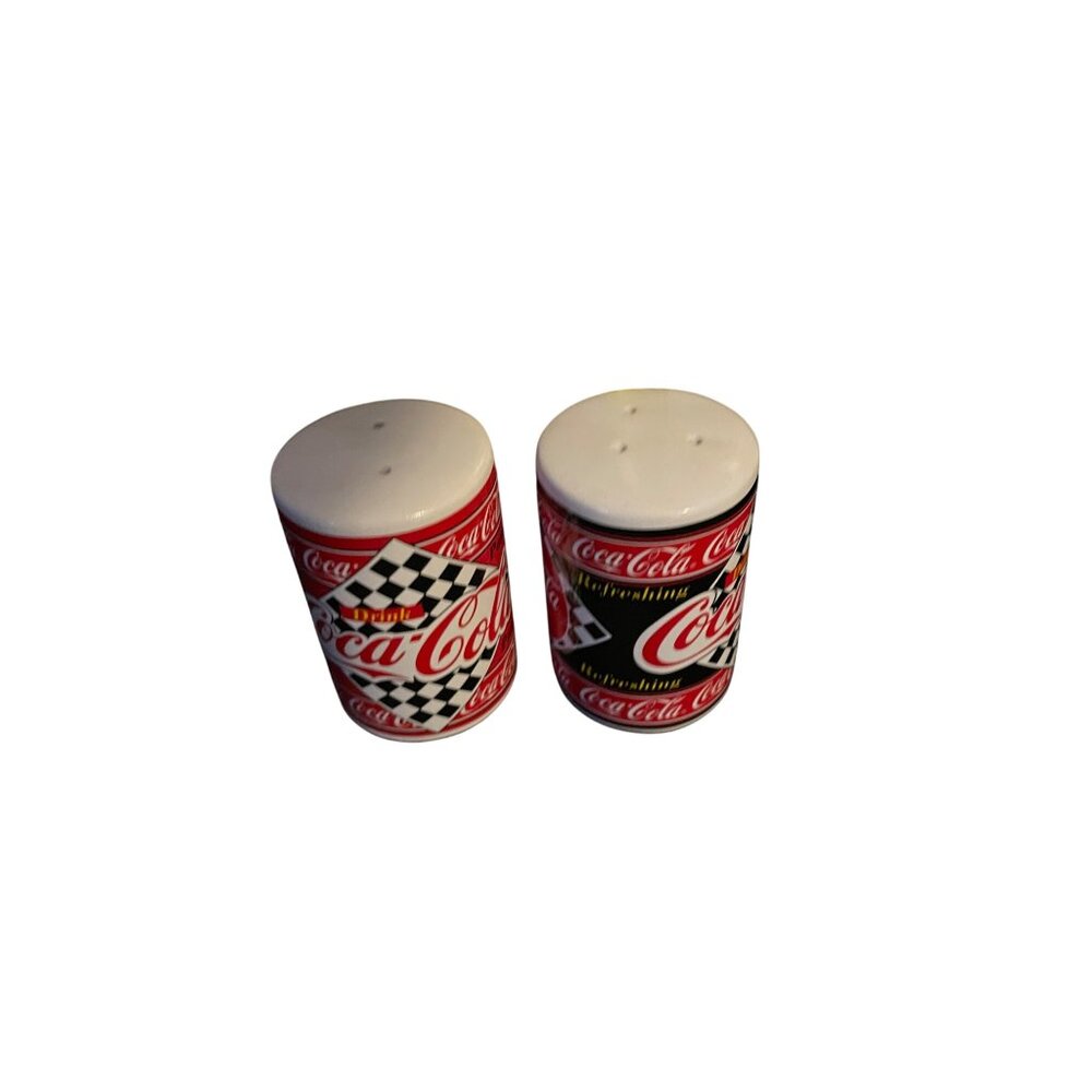 Coca-Cola Salt & Pepper Shaker Set Classic Racing Design Checkerboard Pattern - Picture 5 of 11
